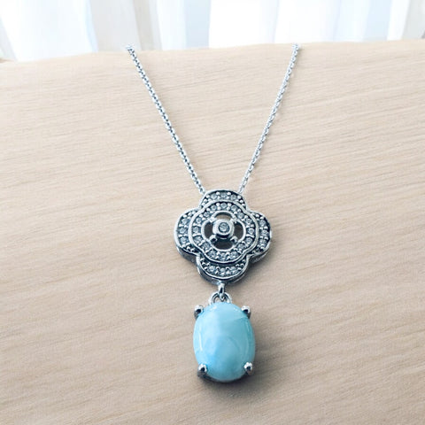 Sterling Silver Genuine Larimar Stone Pendant Necklace