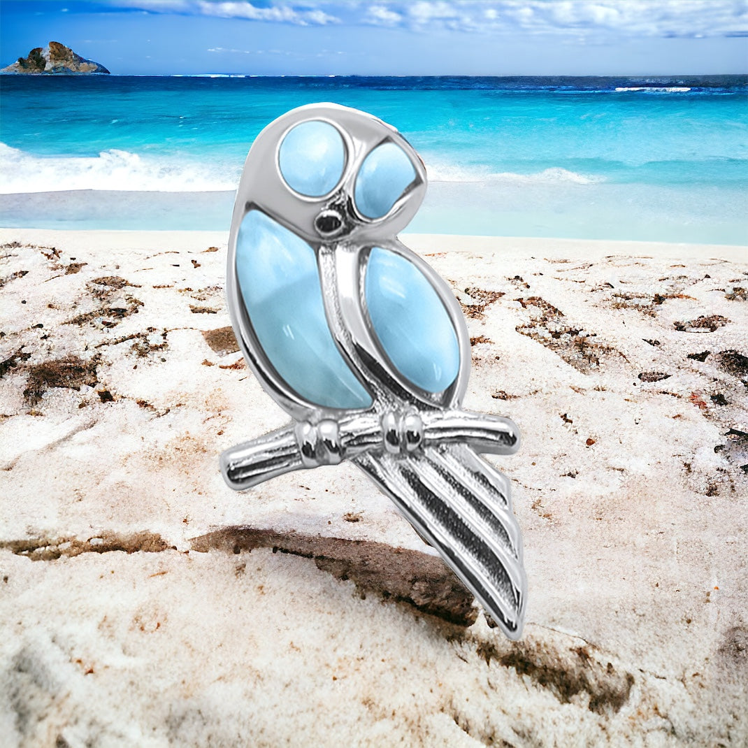 Sterling Silver Genuine Larimar Stone Owl Pendant