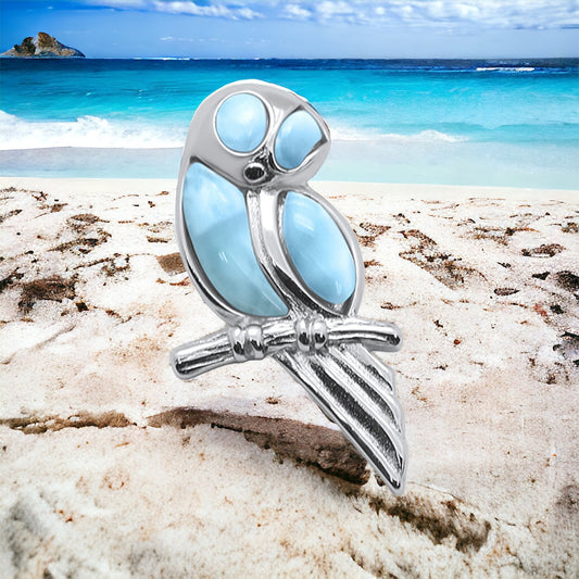 Sterling Silver Genuine Larimar Stone Owl Pendant