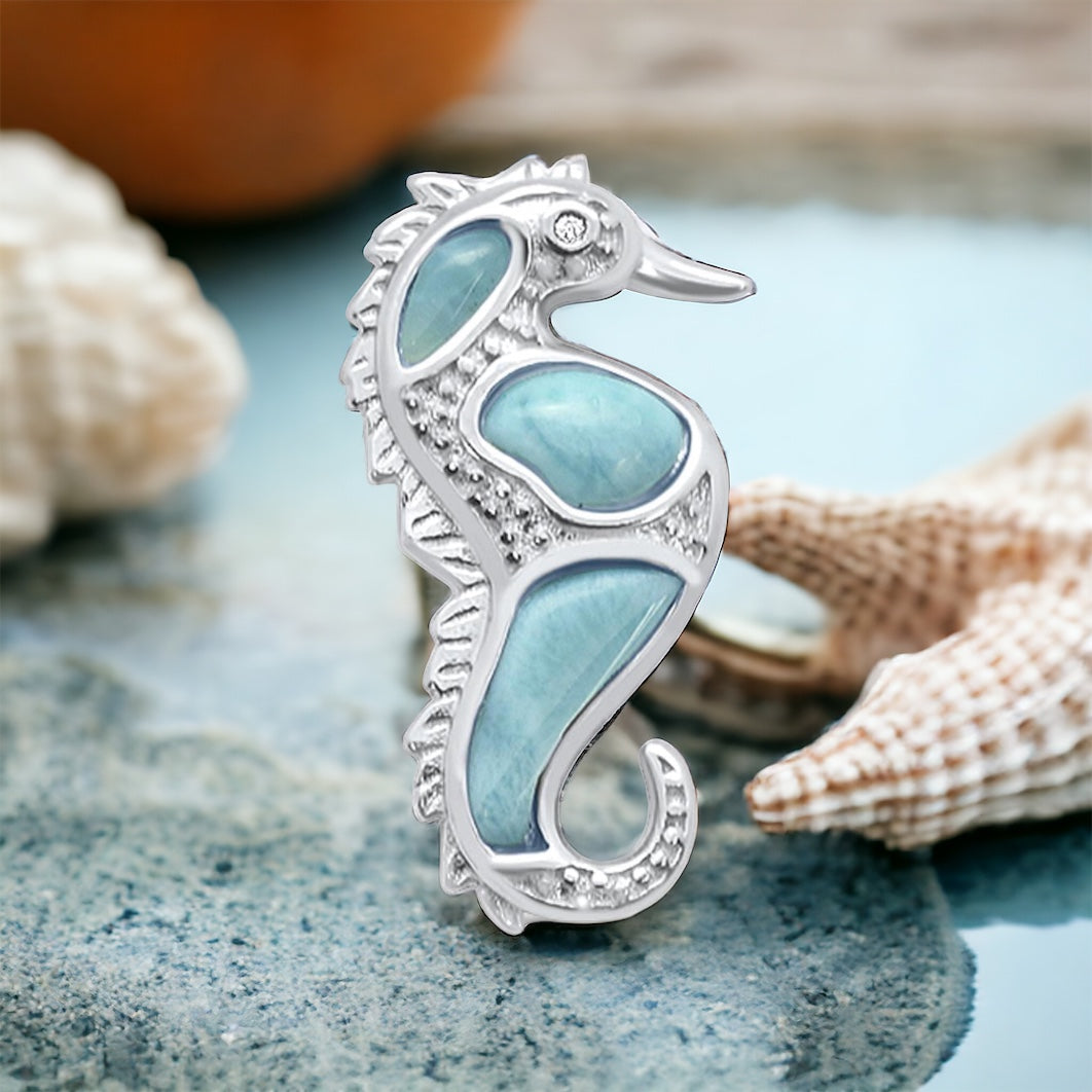 Sterling Silver Genuine Larimar Seahorse Pendant