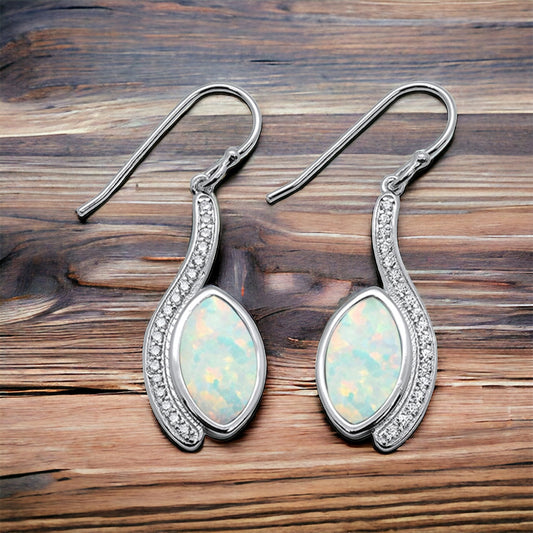 Sterling Silver White Opal & CZ Dangle Earrings
