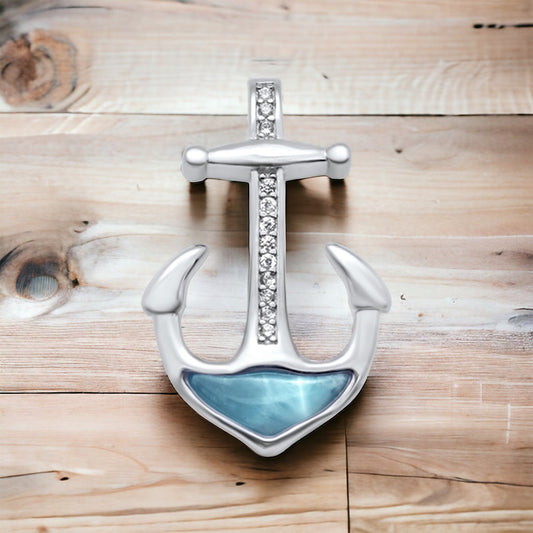 Sterling Silver Genuine Larimar Stone Anchor Pendant