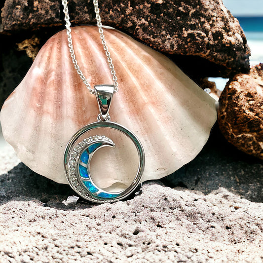 Sterling Silver Fire Opal Wave Pendant Neckalce