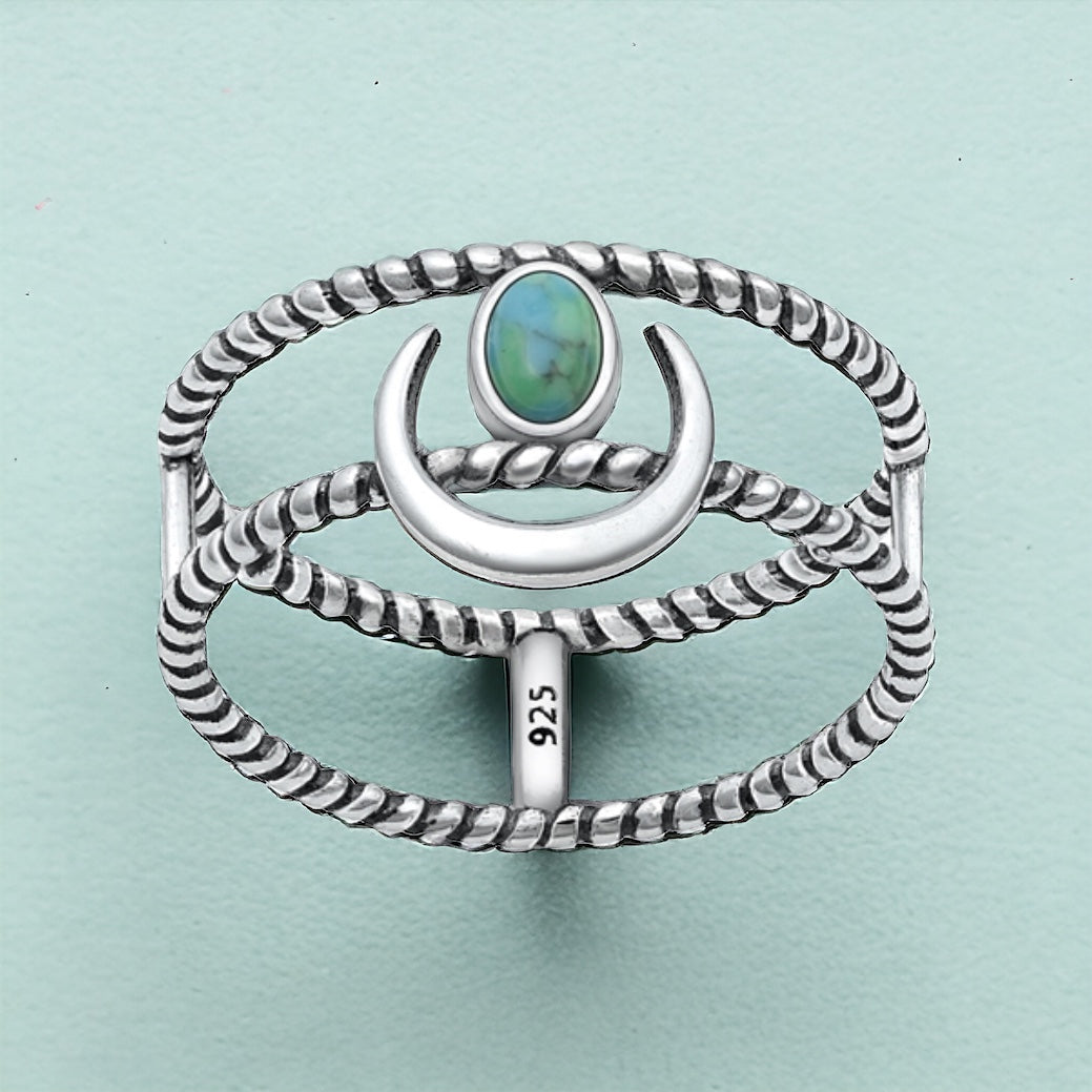 Sterling Silver Turquoise Stone Crescent Moon Ring