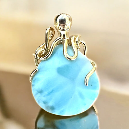Sterling Silver 14K GP Larimar Stone Octopus Pendant