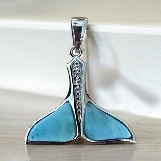 Sterling Silver Genuine Larimar Stone Whale Tail Pendant