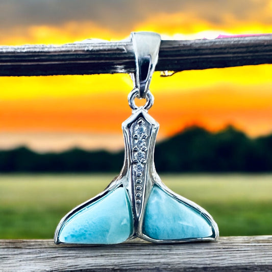 Sterling Silver Genuine Larimar Stone Whale Tail Pendant