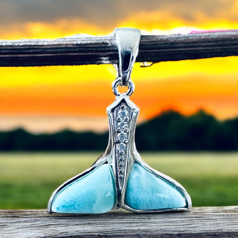 Sterling Silver Genuine Larimar Stone Whale Tail Pendant