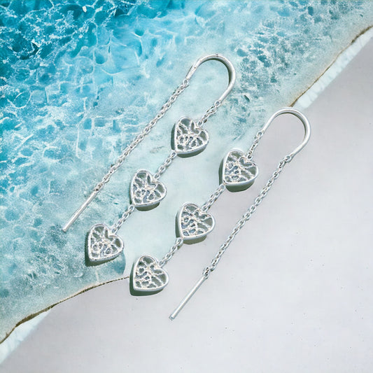 Sterling Silver Triple Heart Threader Earrings