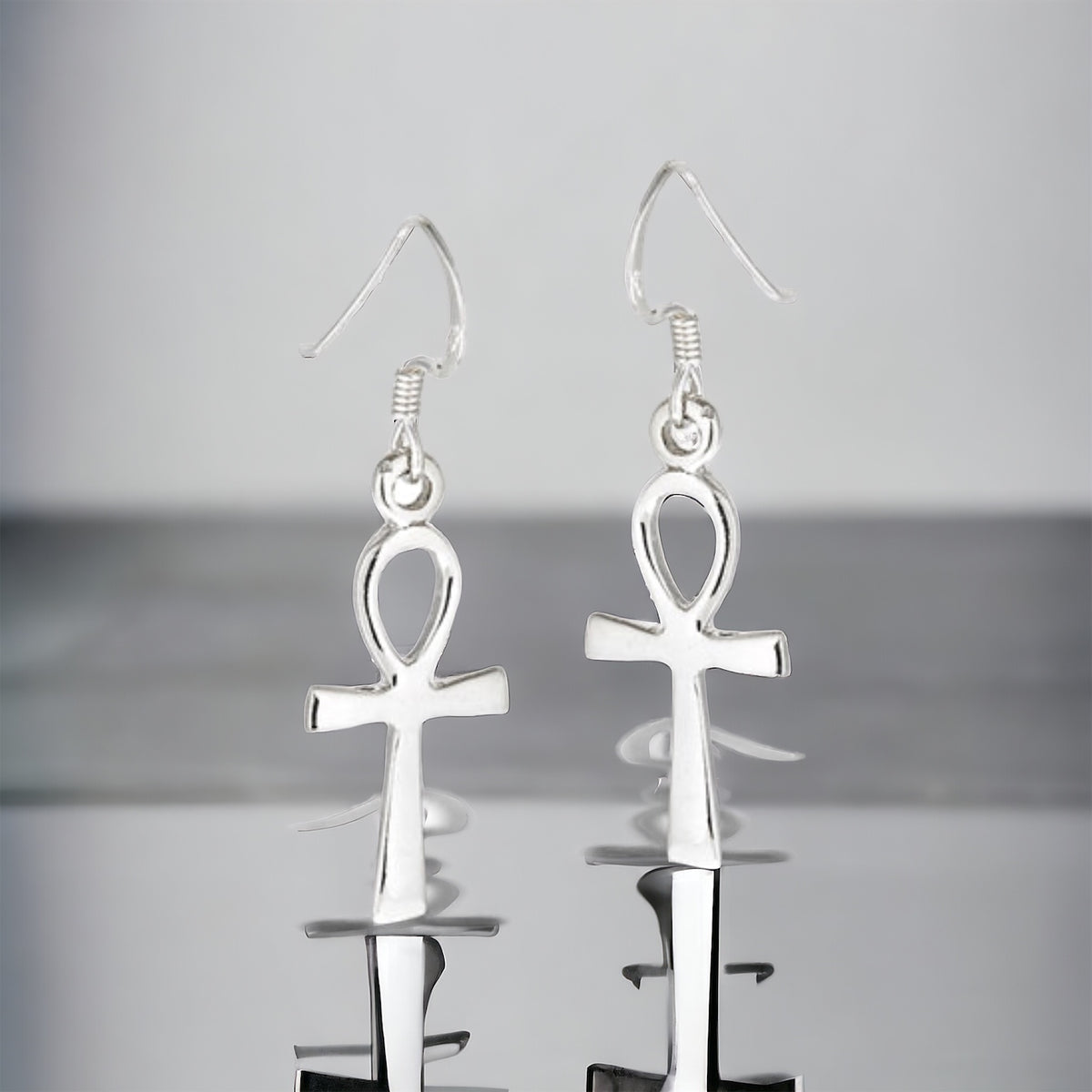 Sterling Silver Ankh Cross Dangle Earrings