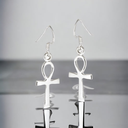 Sterling Silver Ankh Cross Dangle Earrings