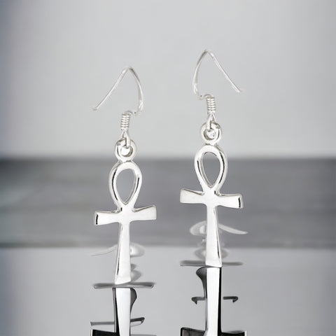 Sterling Silver Ankh Cross Dangle Earrings
