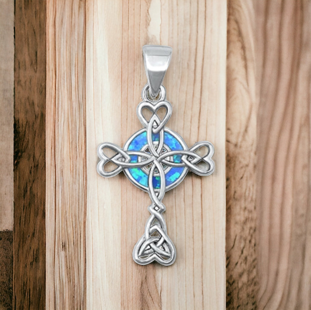 Sterling Silver Blue Fire Opal Celtic Cross Pendant