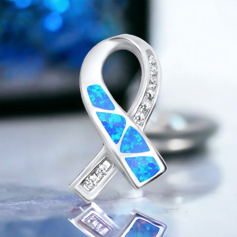 Sterling Silver Blue Opal Breast Cancer Ribbon Pendant