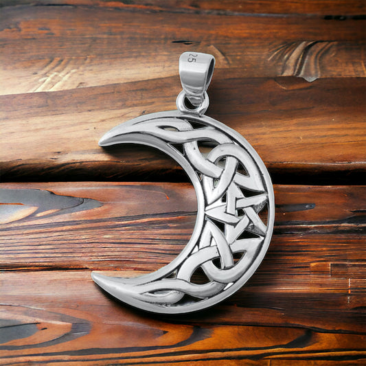 Sterling Silver Celtic Crescent Moon & Star Pendant