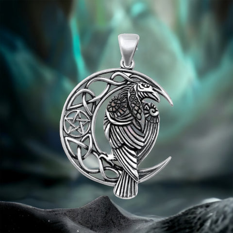 Sterling Silver Celtic Moon & Raven Pendant