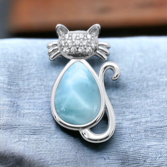 Sterling Silver Genuine Larimar Stone Cat Pendant