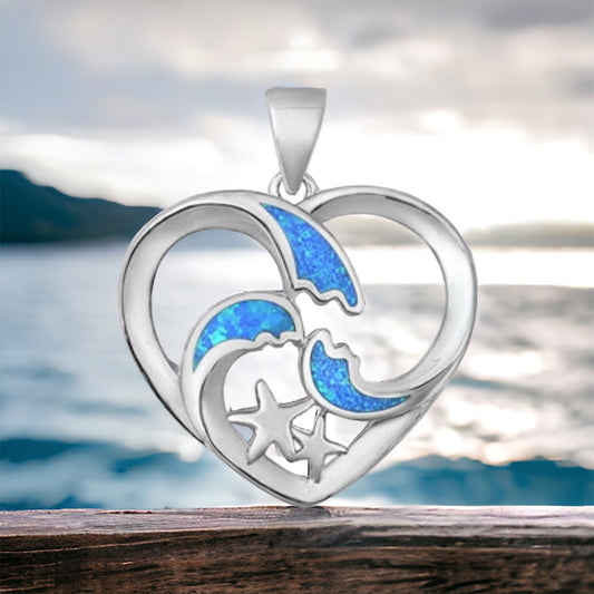 Sterling Silver Lab Opal Wave & Starfish Heart Pendant