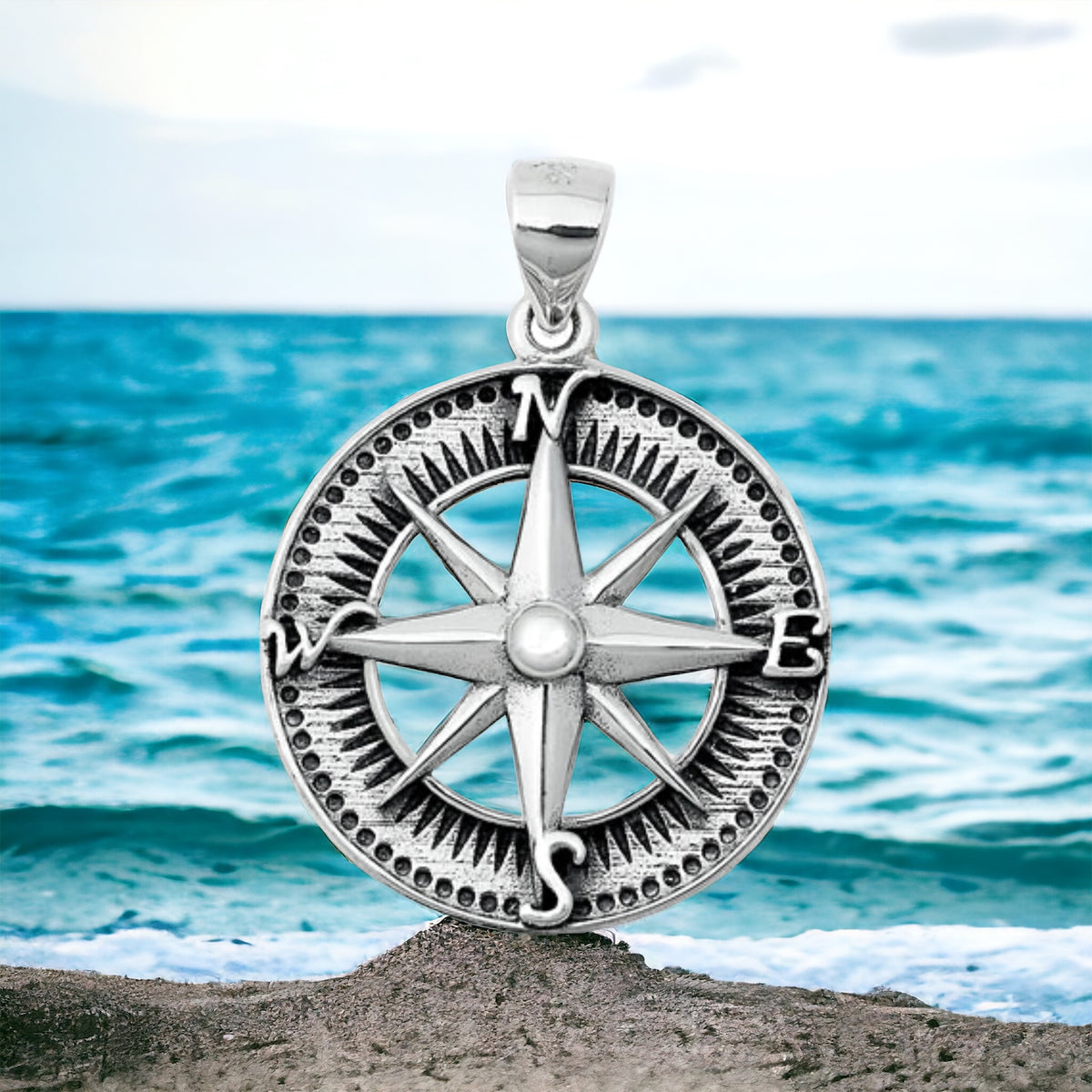 Sterling Silver Large Solid Compass Pendant