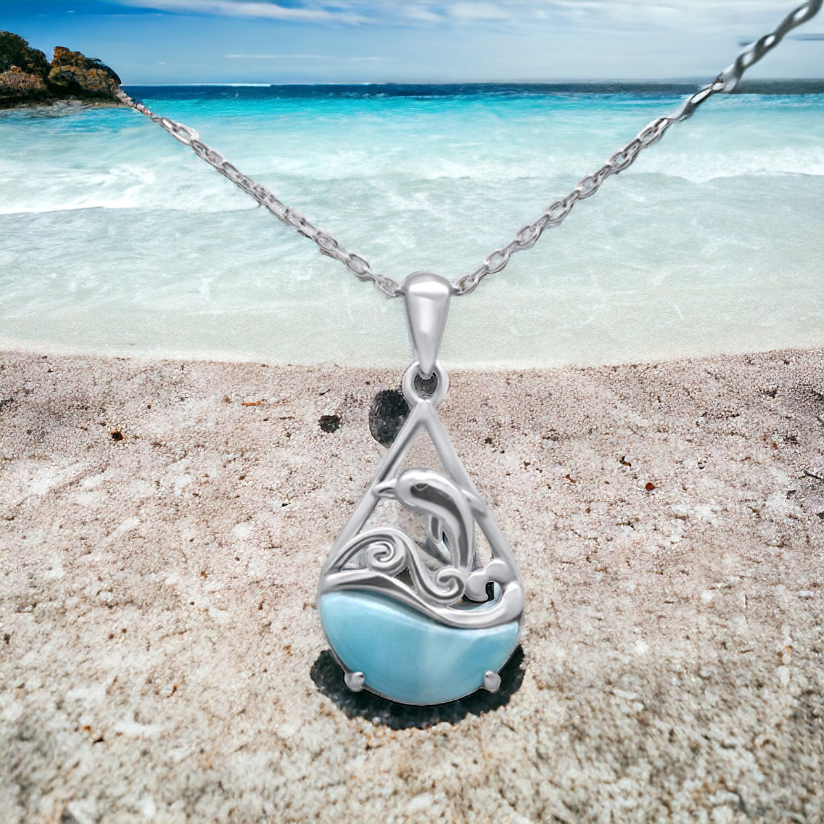 Sterling Silver Larimar Stone Ocean & Dolphin Necklace