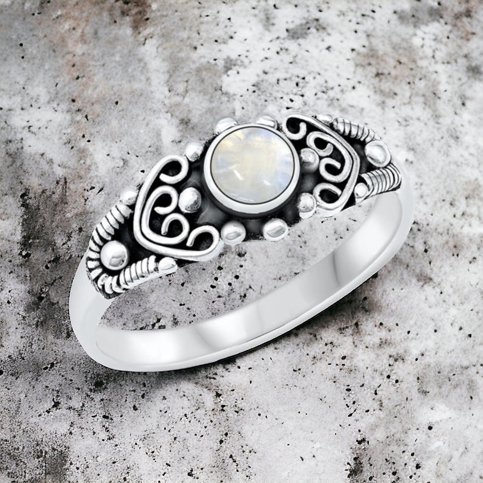 Silvetr Collection Sterling Silver Moonstone Bali Style Ring – Sandy's Silver Collections