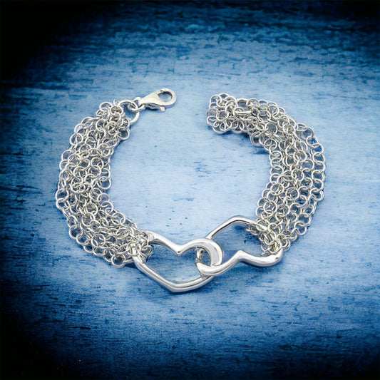 Sterling Silver Multi Chain Double Heart Bracelet