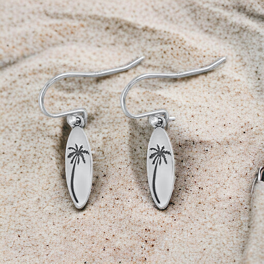 Sterling Silver Palm Tree Surfboard Earrings
