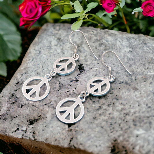 .925 Sterling Silver Peace Sign Dangle Earrings