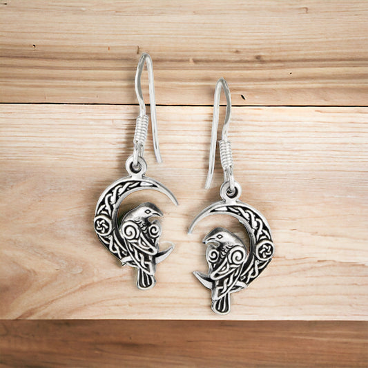 Sterling Silver Celtic Crescent Moon & Raven Dangle Earrings