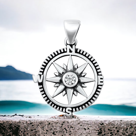 Sterling Silver CZ Compass Pendant