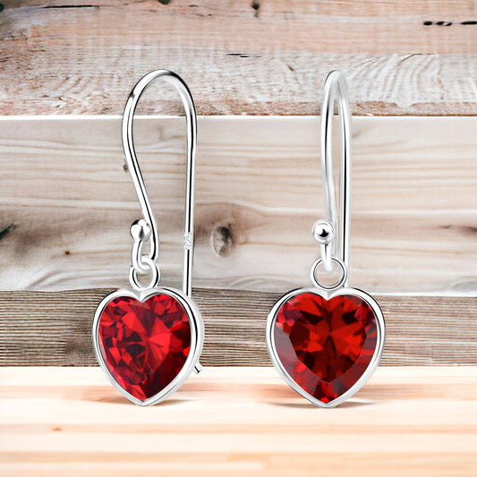 Sterling Silver Garnet CZ Heart Dangle Earrings