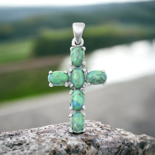 Sterling Silver Genuine Turquoise Stone Cross Pendant