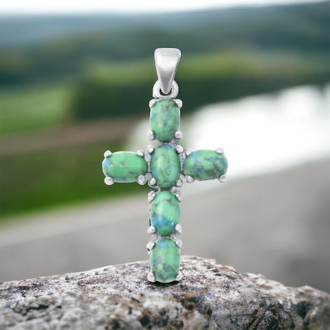 Sterling Silver Genuine Turquoise Stone Cross Pendant