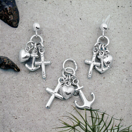 Sterling Silver Heart Anchor & Cross Pendant Earring Set