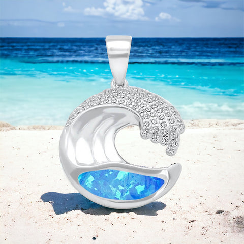 Sterling Silver Lab Fire Opal & CZ Ocean Wave Pendant