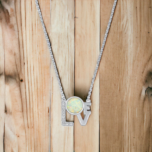 Sterling Silver White Lab Opal LOVE Necklace