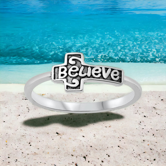 Sterling Silver BELIEVE Cross Ring