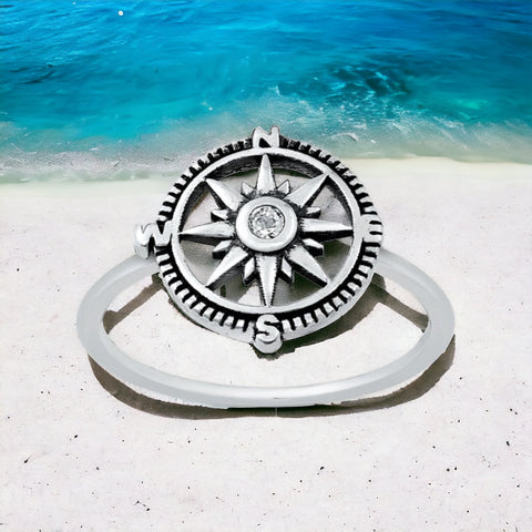 Sterling Silver CZ Compass Ring