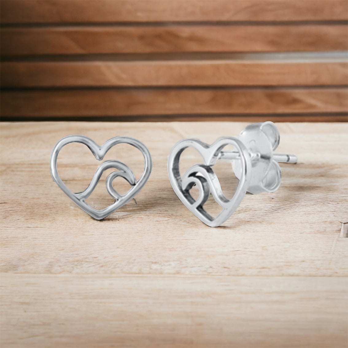 Sterling Silver Heart & Wave Stud Earrings