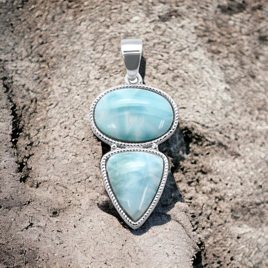 Sterling Silver Genuine Larimar Double Stone Pendant