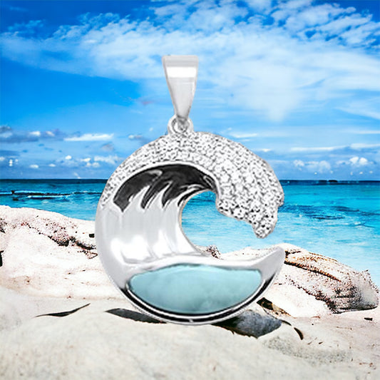 Sterling Silver Genuine Larimar Stone Ocean Wave Pendant