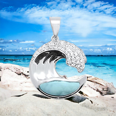 Sterling Silver Genuine Larimar Stone Ocean Wave Pendant