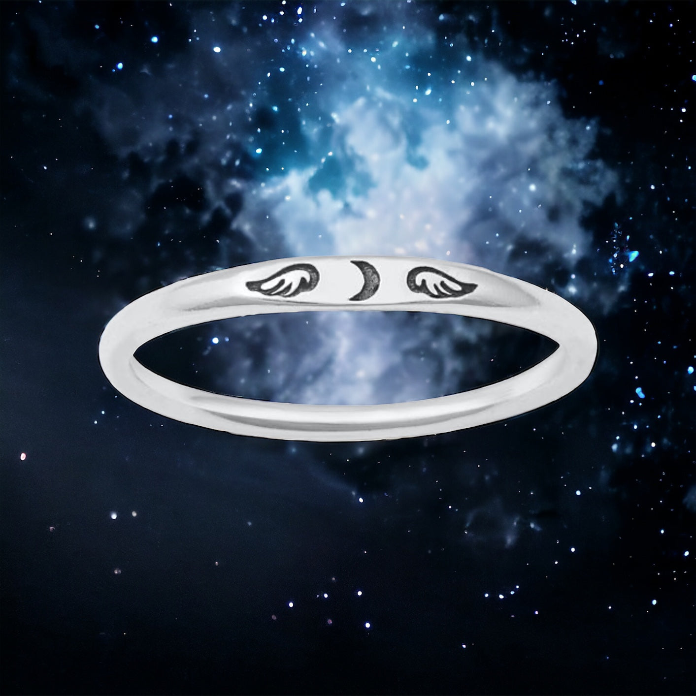 Sterling Silver Crescent Moon & Wings Band