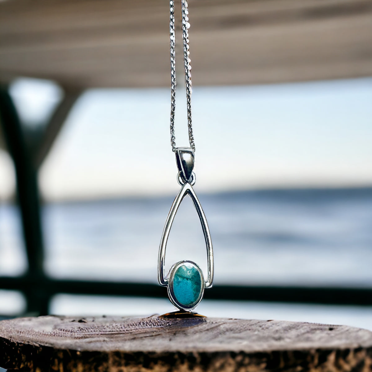 Sterling Silver Genuine Turquoise Stone Pendant Necklace