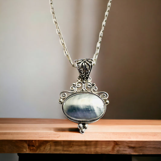 Sterling Silver Victorian Style Genuine Mother of Pearl Statement Necklace