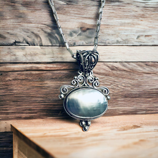 Sterling Silver Victorian Style Genuine Mother of Pearl Statement Necklace