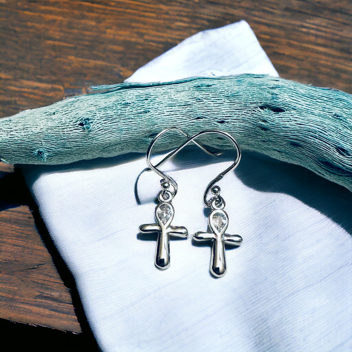 Sterling Silver CZ Ankh Cross Dangle Earrings