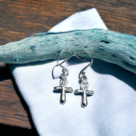Sterling Silver CZ Ankh Cross Dangle Earrings