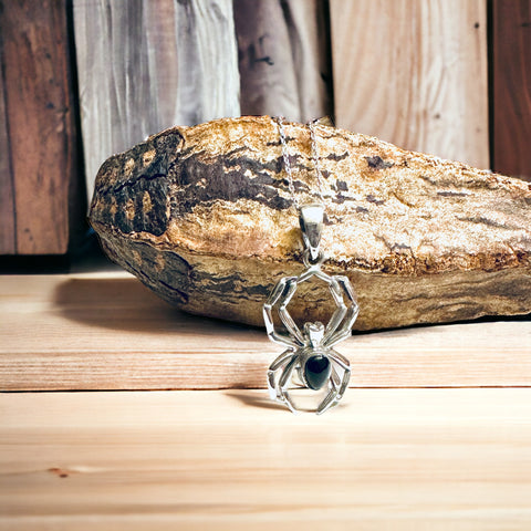 Sterling Silver Black Agate Spider Pendant Necklace