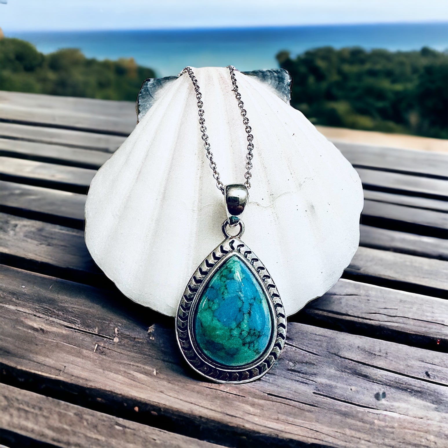 Sterling Silver Genuine Turquoise Stone Teardrop Necklace